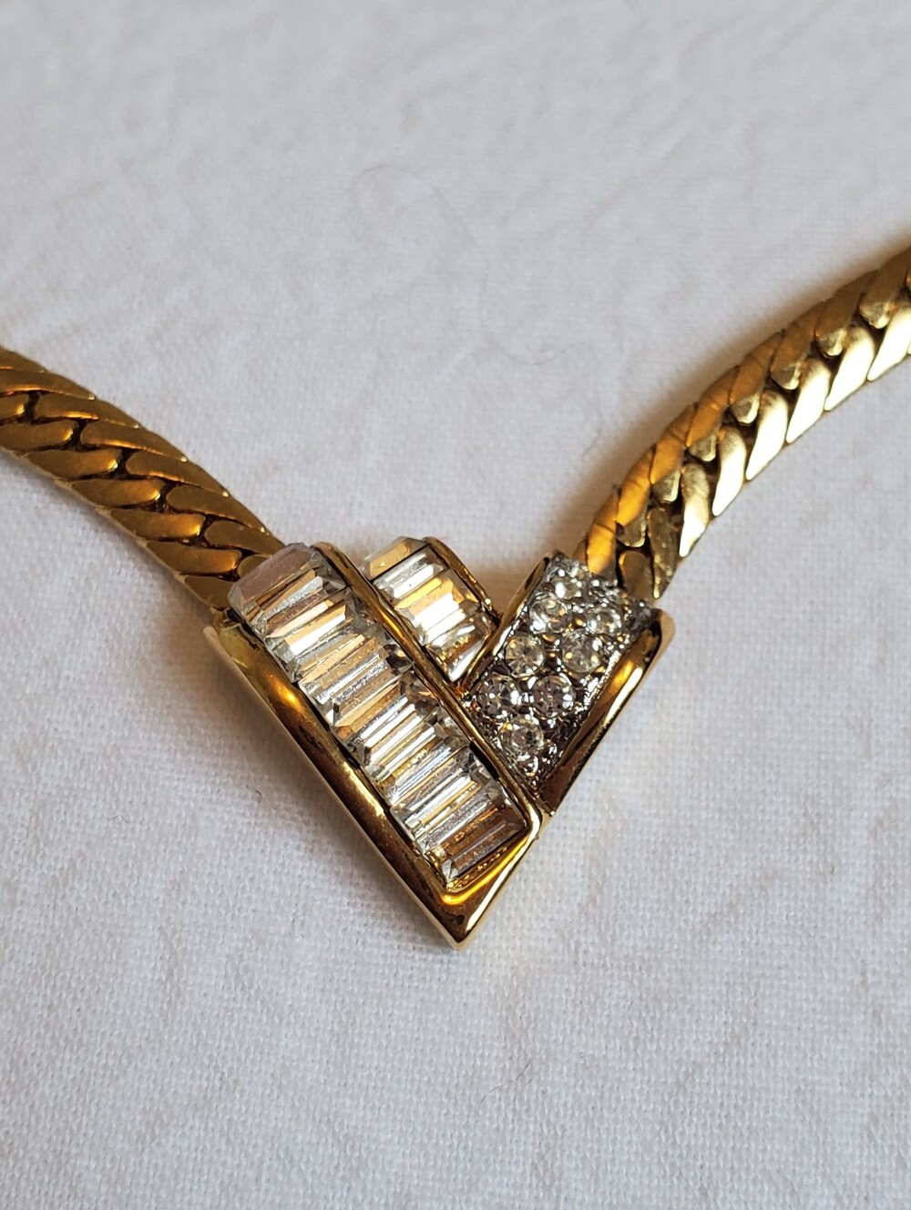 Vintage D'Orlan Gold-Tone V-Shaped Pendant Necklace with Clear Crystal Accents